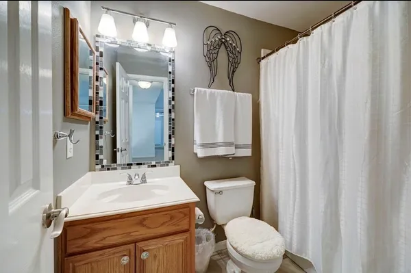 a bathroom with a sink a toilet a mirror and shower curtain
