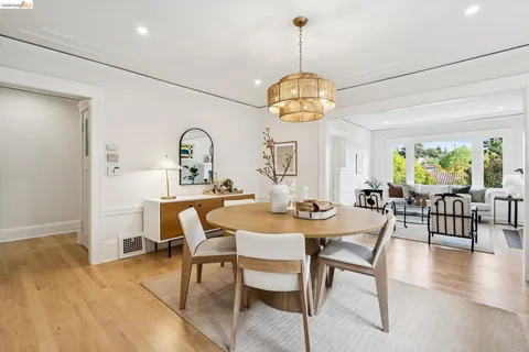 a view of a dining room with furniture wooden floor and chandelier