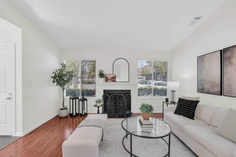 a living room with furniture a fireplace and a potted plant