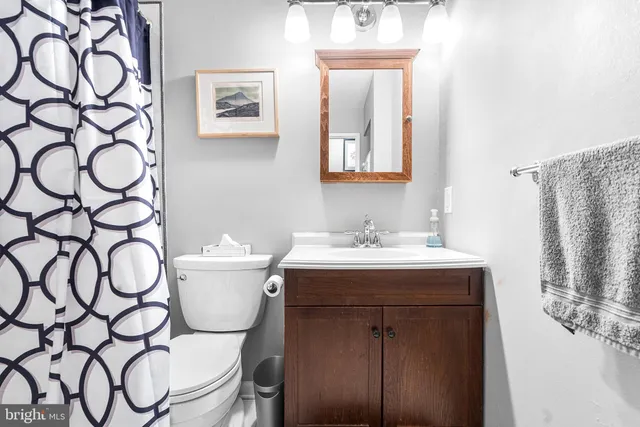 a bathroom with a sink vanity and a toilet