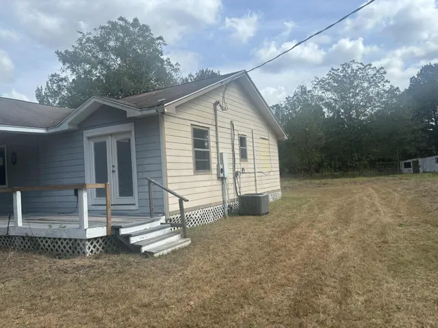 a view of backyard with a barn and a large cactus tree