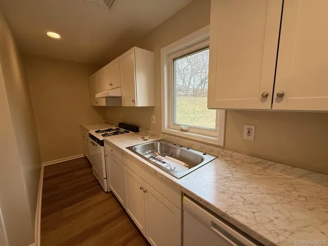 a kitchen with a sink a stove and cabinets