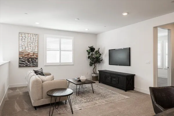 a living room with furniture a flat screen tv and a potted plant
