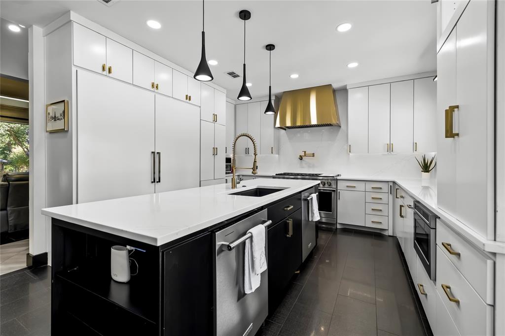 1300 Montclair Street Longview, TX 75601 - Photo 6 of 39 Kitchen with dark cabinetry, a center island with sink, white cabinets, decorative light fixtures, and recessed lighting