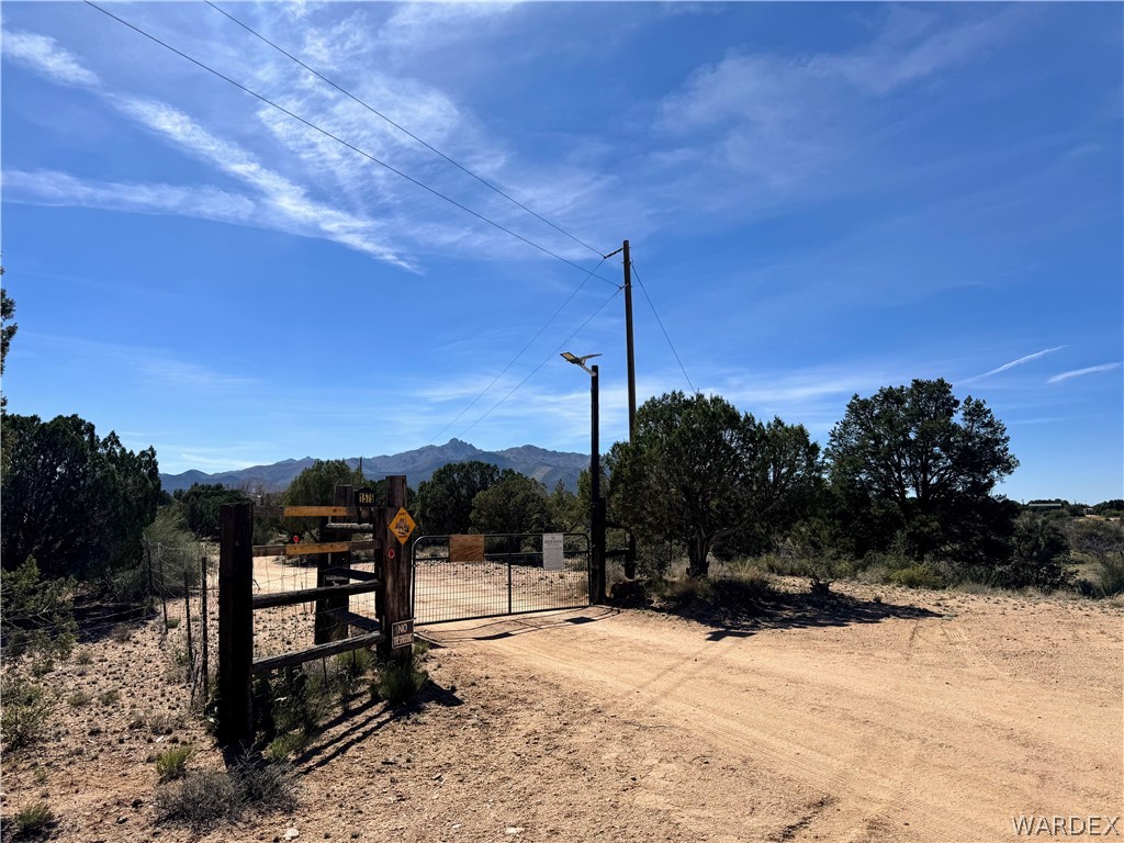 1575 South Roy Road Kingman, AZ 86401 - Photo 17 of 56 The property features a dirt road leading to a gated entrance, surrounded by desert vegetation and mature trees