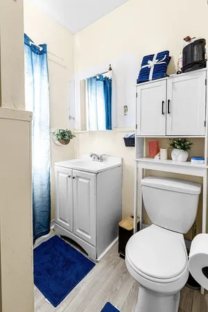 a bathroom with a toilet a sink and a mirror