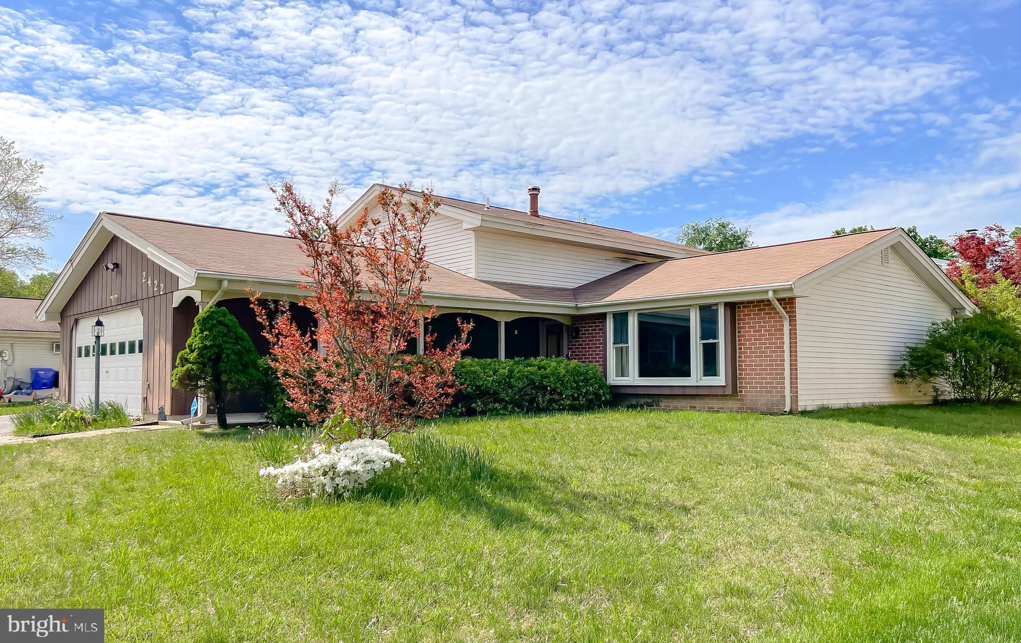 a view of a house with a big yard potted plants and a large tree