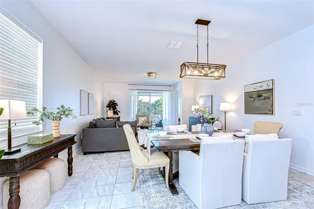 a view of a dining room with furniture window and outside view