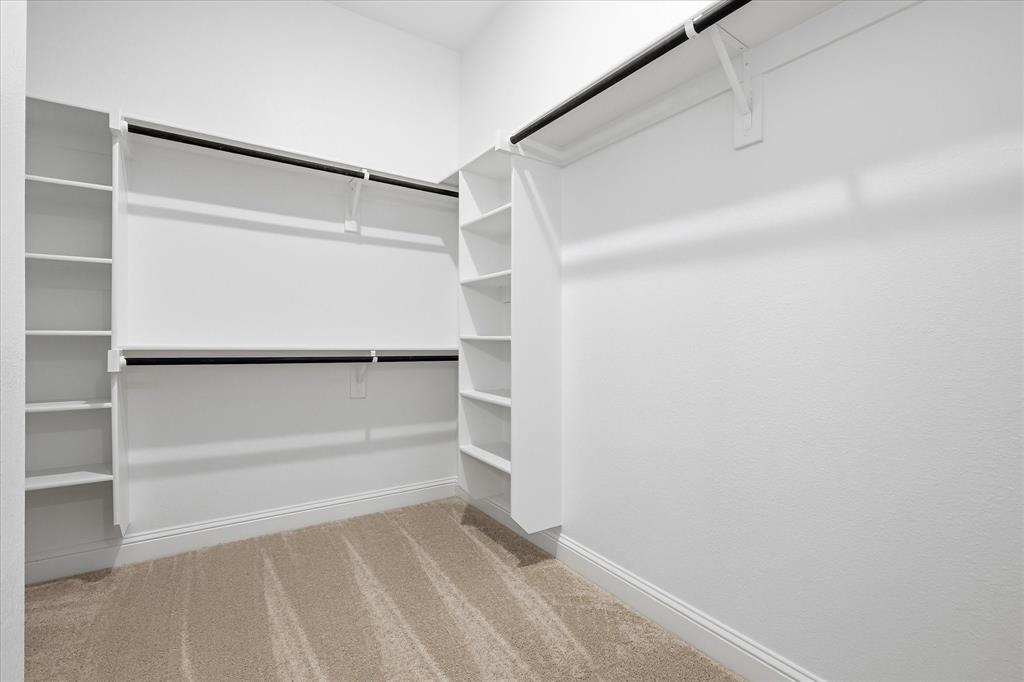 4017 Alpine Street Midlothian, TX 76065 - Photo 23 of 37 Walk-in closet featuring built-in shelving, dual hanging rods, light beige carpeting, white walls, and white baseboards
