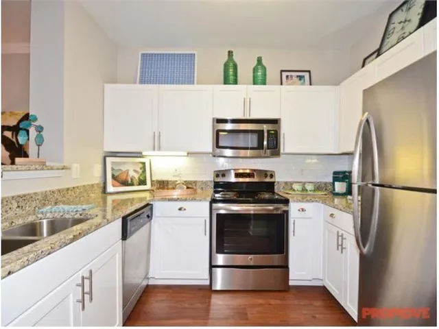 a kitchen with a refrigerator stove and microwave