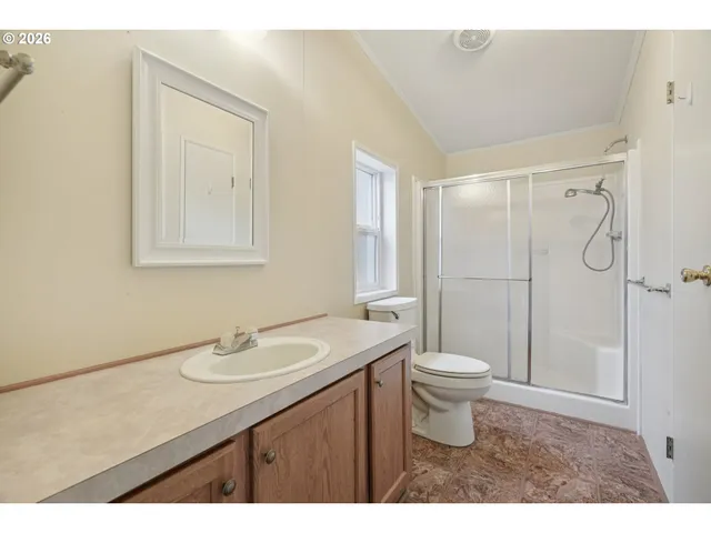 a bathroom with a sink a toilet a mirror and shower