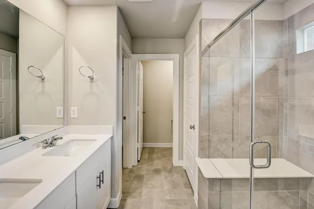 a bathroom with a shower sink and mirror