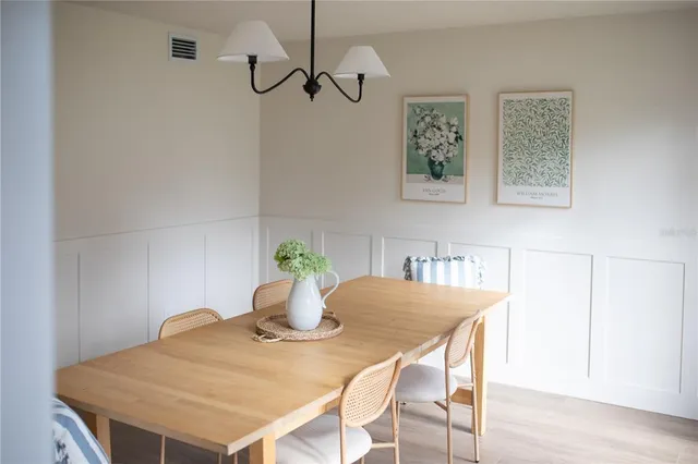 a view of a dining room with furniture