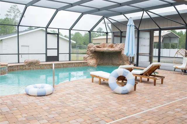 a building outdoor space with seating space