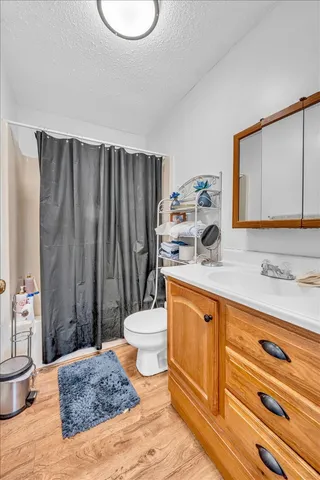 a bathroom with a sink a toilet and shower