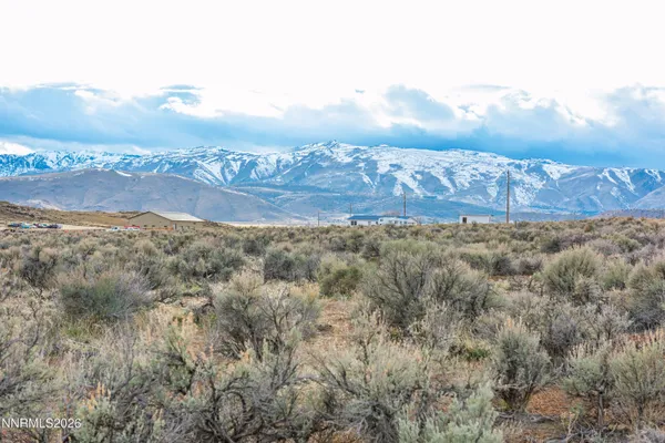 a view of a dry field with mountains in the background