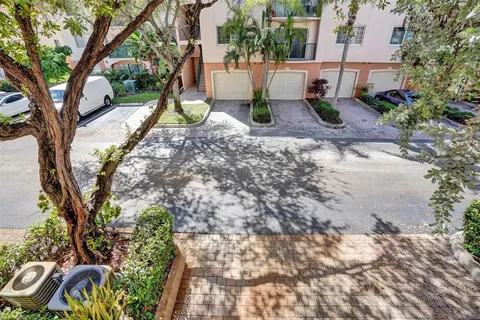 a view of a yard with plants and trees