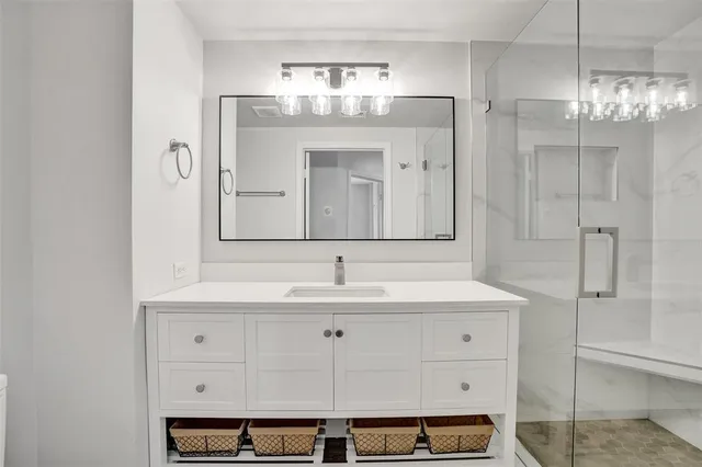 a bathroom with a sink shower and a mirror