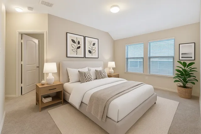 a bedroom with a bed and a potted plant