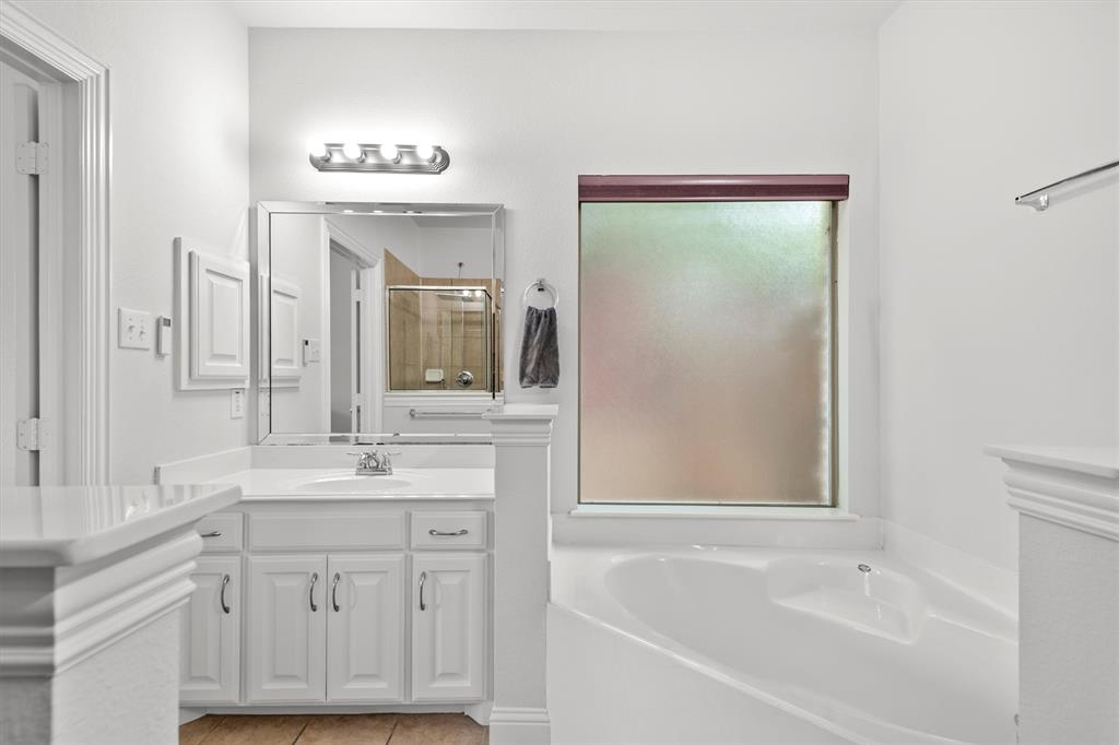 2610 Meadow Ridge Drive Prosper, TX 75078 - Photo 20 of 32 a bathroom with a bathtub a sink a vanity and a mirror
