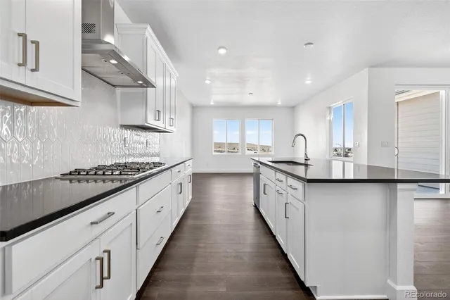 a large kitchen with stainless steel appliances lots of counter space and a sink