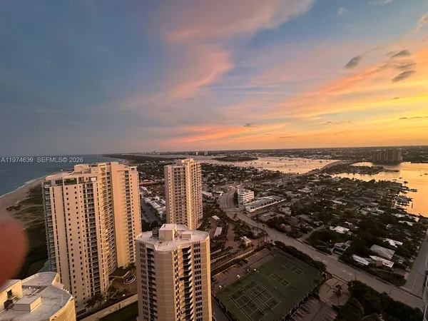 an aerial view of balcony and city view