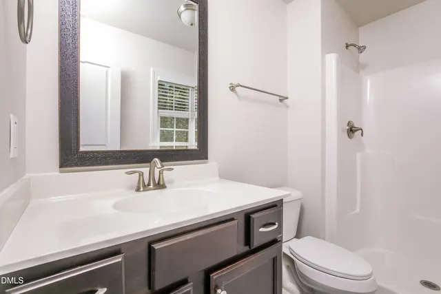 a bathroom with a sink a toilet a mirror and shower