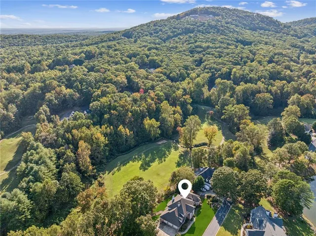 an aerial view of a residential houses covered in trees