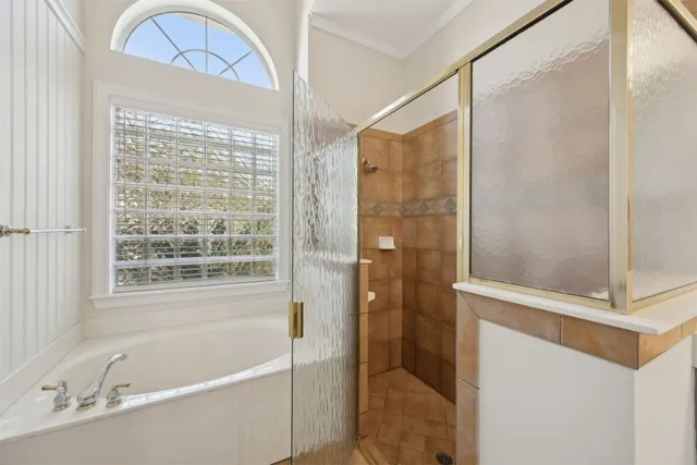 a bathroom with a bathtub and a shower