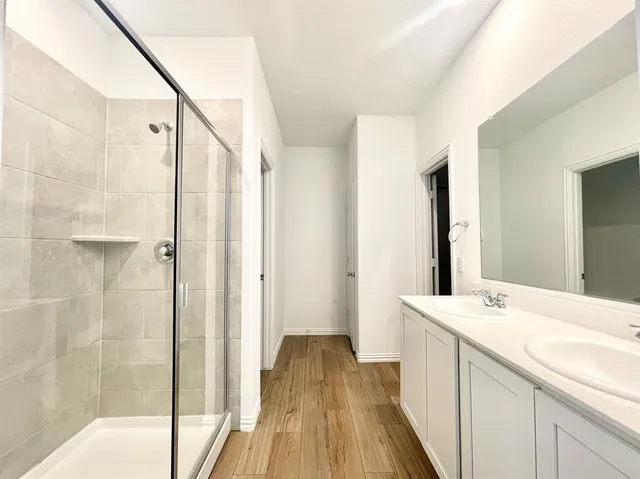 a bathroom with a sink a mirror and a shower