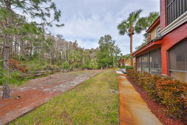 a view of a house with backyard and trees