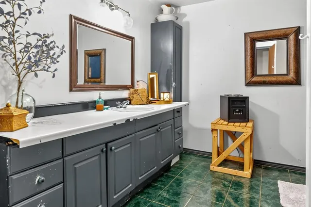 a bathroom with a sink and a mirror