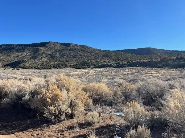 a view of a dry yard with mountains in the background