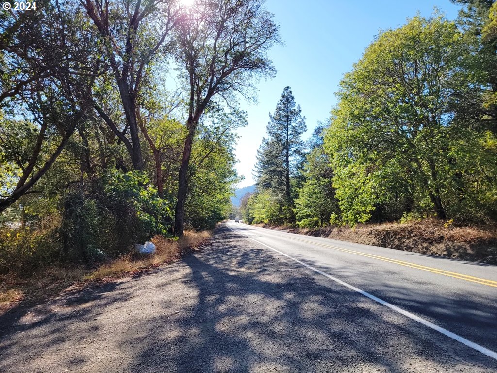 a view of a road with a trees in the background