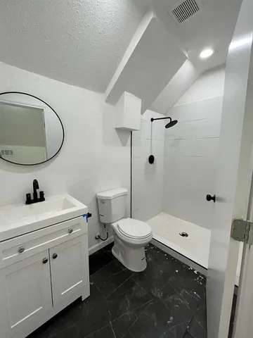 a bathroom with a sink a toilet and a mirror