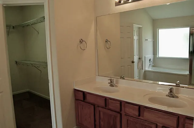 a bathroom with a sink and a large mirror