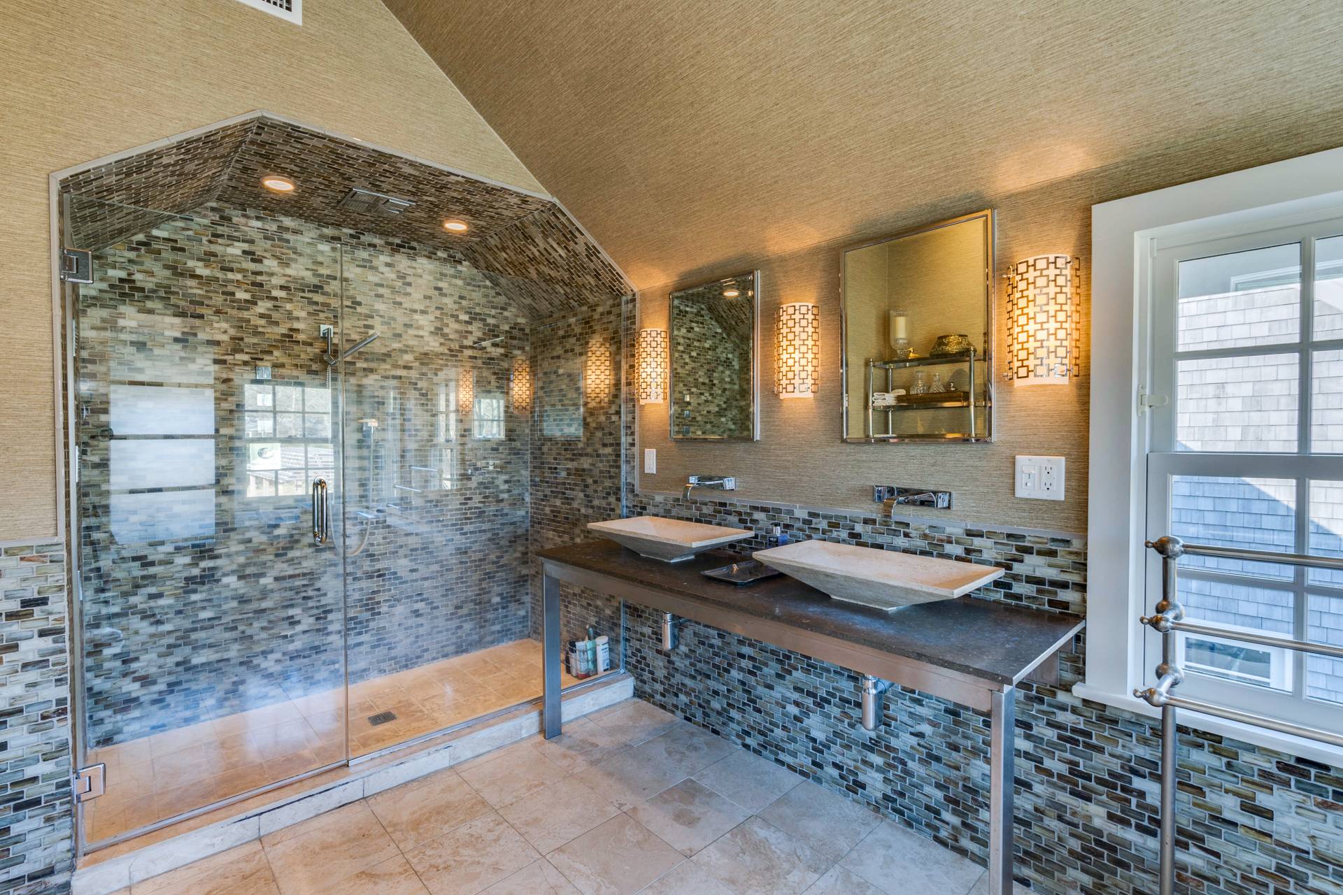 274 Ferry Road Sag Harbor, NY 11963 - Photo 31 of 50 a bathroom with a granite countertop sink a mirror and shower