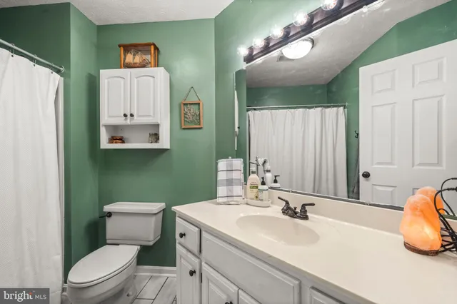 a bathroom with a sink vanity mirror and toilet