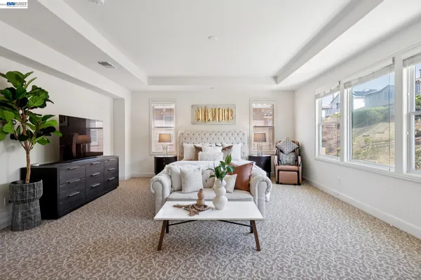 a living room with furniture a flat screen tv and a potted plant