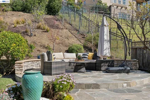 a view of a patio with couches chairs and a potted plant