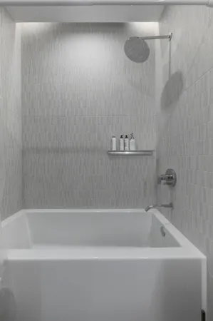 a bathroom with a bathtub