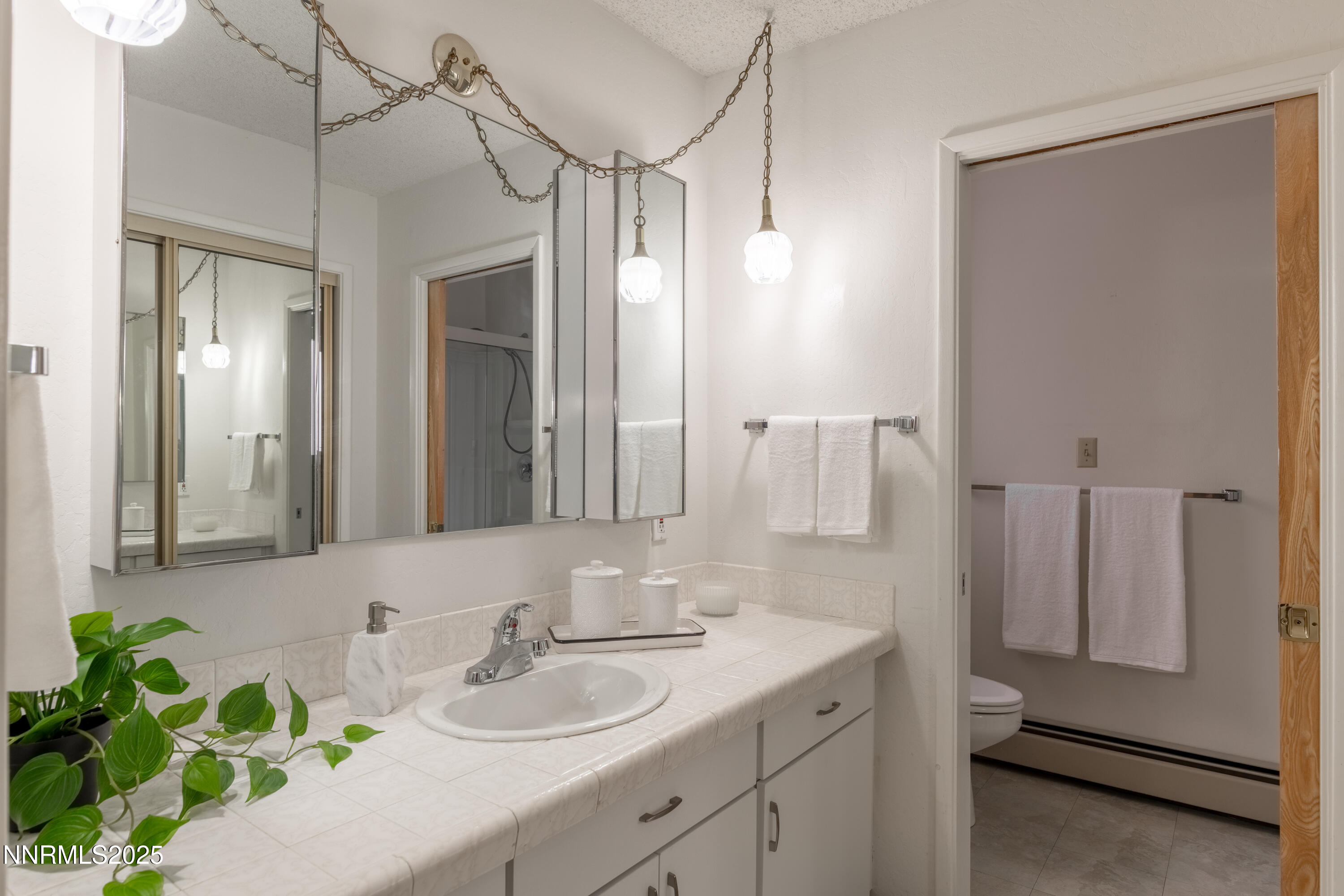 189 Ray Way Zephyr Cove, NV 89448 - Photo 31 of 36 a bathroom with a granite countertop sink a toilet and a mirror