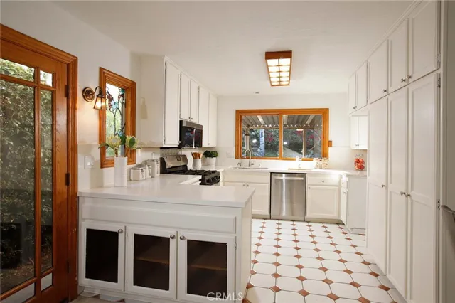 a kitchen with a stove a sink and a refrigerator