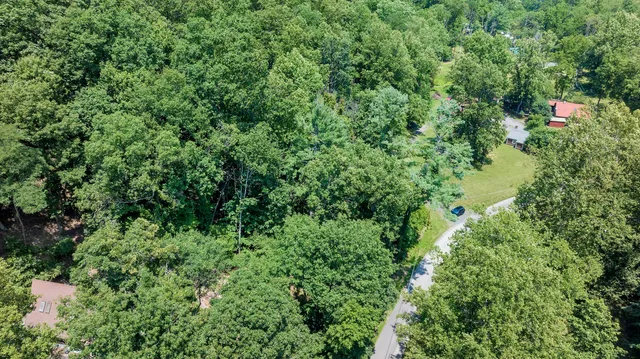 an aerial view of a house with a tree