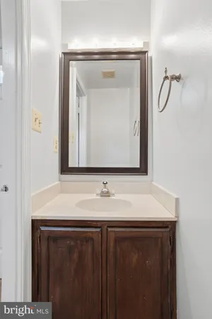 a bathroom with a sink vanity and a mirror
