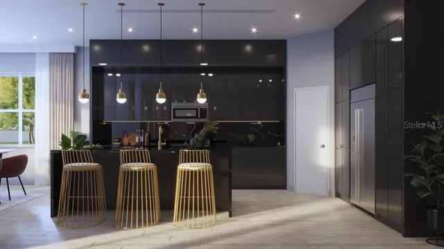 a view of a dining room with furniture