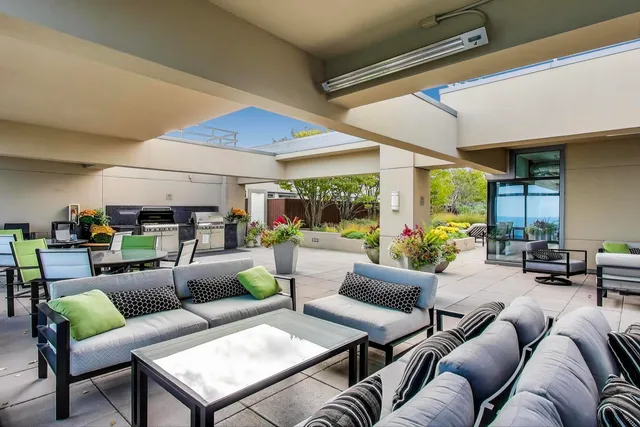 a view of a swimming pool with potted plants