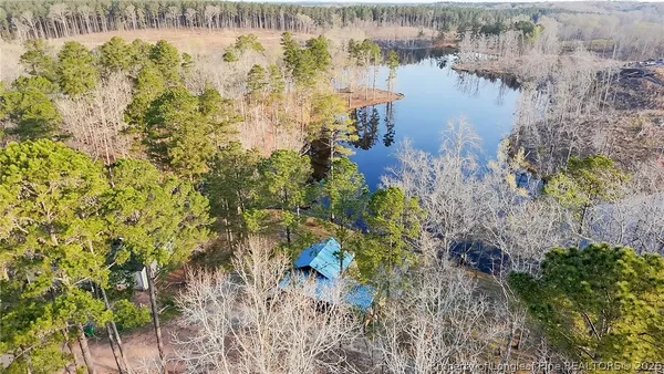a view of a lake with large trees