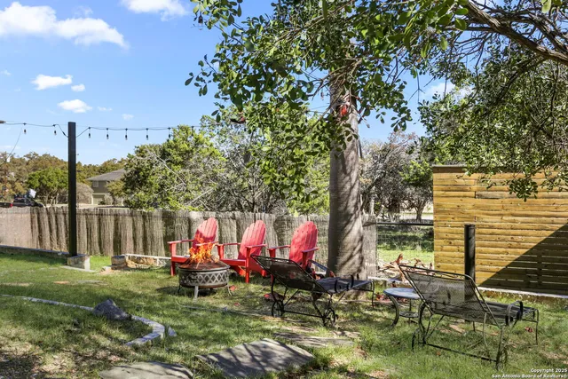 a view of a park with large trees