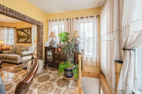a living room with furniture and a potted plant